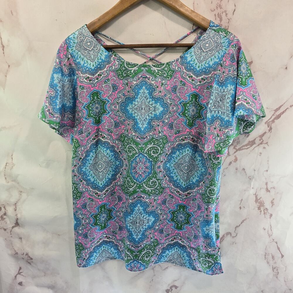 Talbots Shirt Womens Medium Pink Blue Blouse Paisley Criss Cross Back Flutter